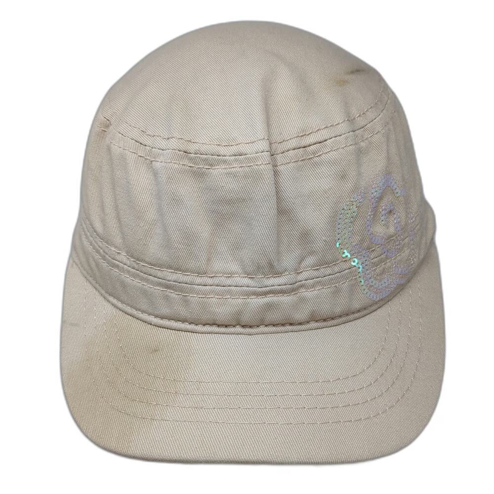 Pugs Army Cap Beige One Size Sequined Rose Graphic Polka Dot Under Brim Hat